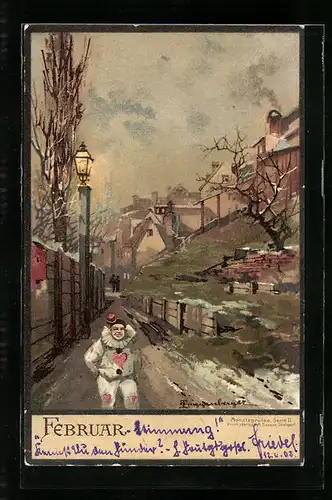 Künstler-AK Theodor Guggenberger: Februar, Strassenpartie mit Harlekin