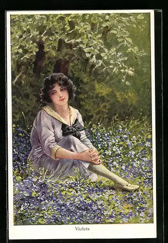 Künstler-AK Bill Fisher: Violets, Fräulein sitzt im Blumenmeer