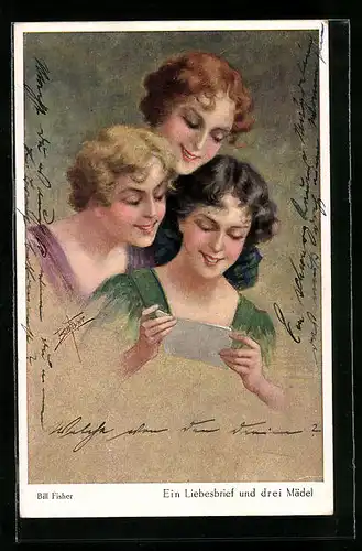 Künstler-AK Bill Fisher: Drei Mädels lesen einen Liebesbrief