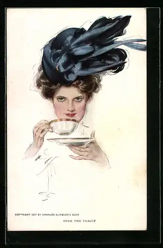 Künstler-AK Harrison Fisher: Dame mit grossem Hut trinkt Tee