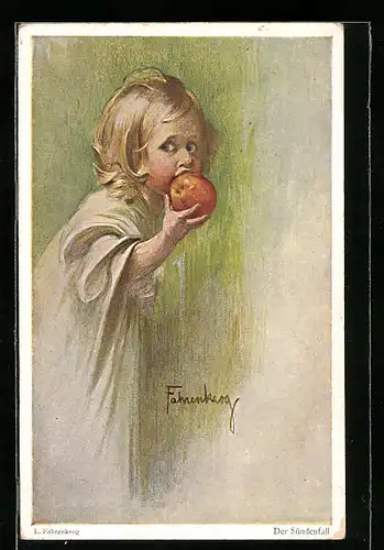 Künstler-AK Ludwig Fahrenkrog: Der Sündenfall, Mädchen isst einen Apfel
