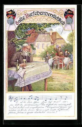 Künstler-AK Ezel: Alte Burschenherrlichkeit, Lied mit Noten