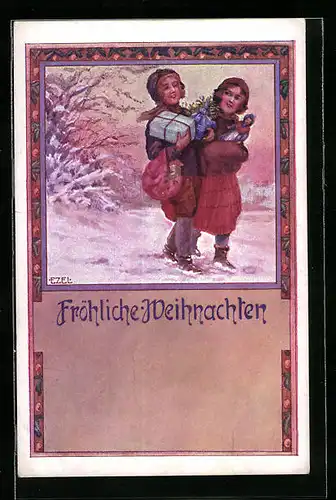 Künstler-AK Ezel: Mädchen mit Weihnachtsgeschenken im Schnee