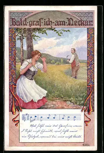 Künstler-AK Ezel: Fräulein ärgert Bauern auf Feld