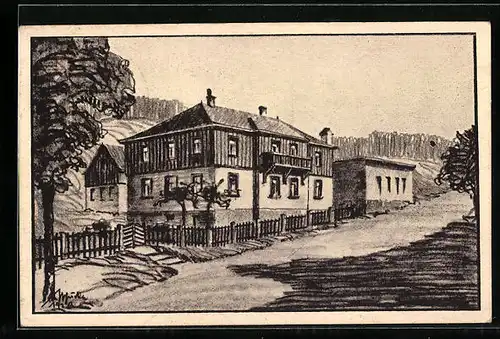 Künstler-AK Geising, Jugendherberge mit Strasse