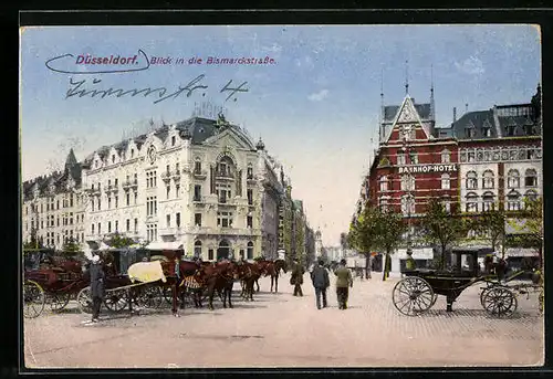 AK Düsseldorf, Pferdedroschken in der Bismarckstrasse