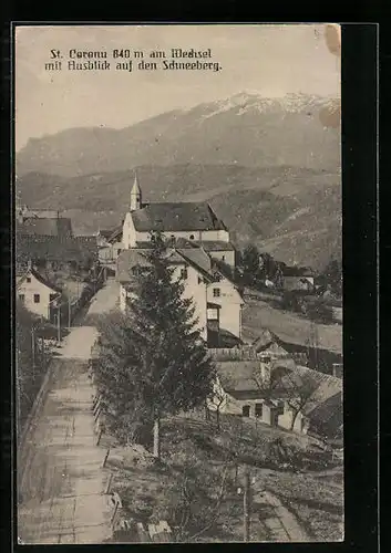 AK St. Corona am Wechsel, Ortsansicht mit Blick auf den Schneeberg