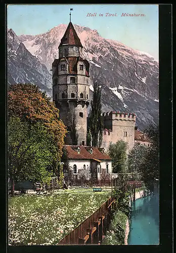 AK Hall i. T., Uferpartie mit Blick zum Münzturm