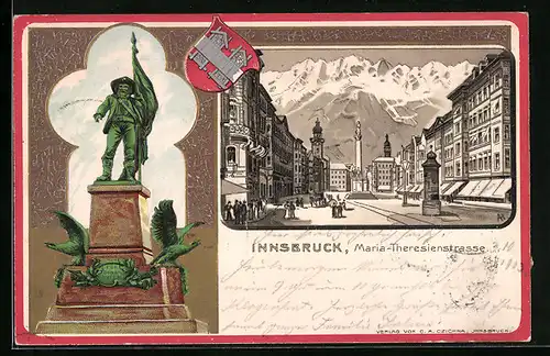 Passepartout-Lithographie Innsbruck, Maria-Theresienstrasse, Hofer-Denkmal, Stadt-Wappen