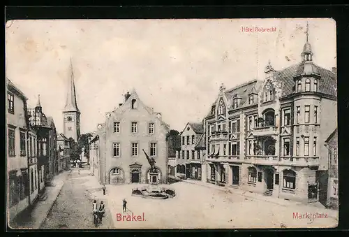 AK Brakel, Blick auf den Marktplatz mit Hotel Robrecht und Denkmal