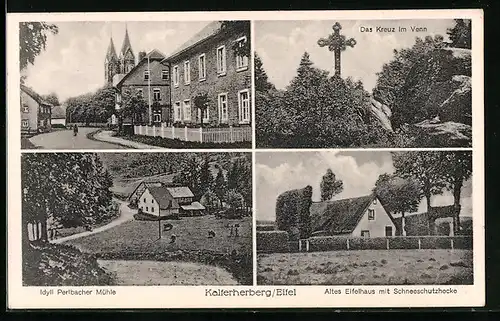 AK Kalterherberg / Eifel, Perlbacher Mühle, Altes Eifelhaus mit Schneeschutzhecke, Kreuz im Venn