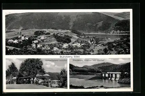 AK Ruhrberg / Eifel, Verkaufsstand Lauscher, Staudamm Obersee mit Überlauf, Gesamtansicht
