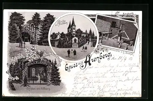 Lithographie Arenberg, Werkstätte d. h. Joseph, Lourdesgrotte Kirche, Christus Denkmal