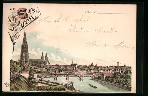 Lithographie Ulm / Donau, Blick auf die Stadt mit Brücke