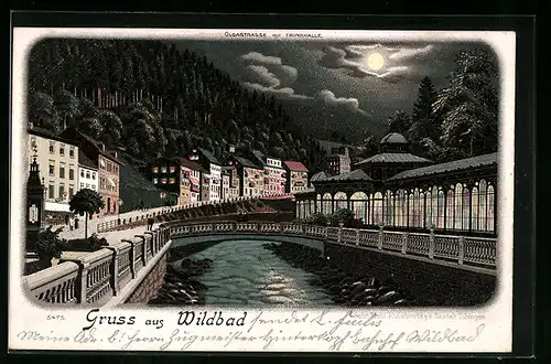 Mondschein-Lithographie Bad Wildbad, Partie an der Olgastrasse mit Trinkhalle bei Nacht