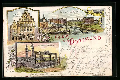 Lithographie Dortmund, Rathhaus, Dortmunder-Hafen mit Schiffen, Schiffshebewerk Oberwiese