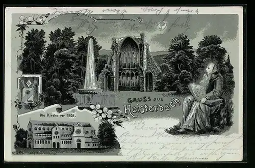 Mondschein-Lithographie Heisterbach, Blick auf Kirche vor 1808