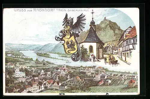 Künstler-AK Rhöndorf a. Rhein, Blick auf Siebengebirge, Wappen