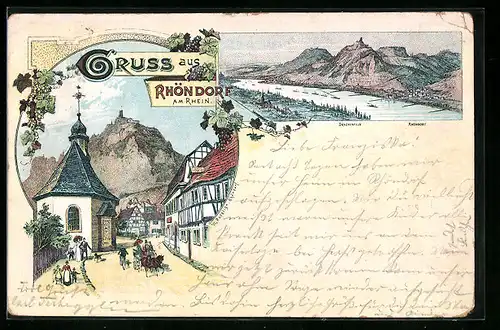 Lithographie Rhöndorf am Rhein, Ortspartie mit Drachenfels