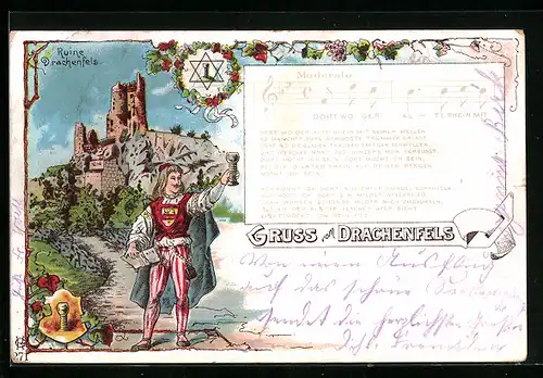 Lithographie Drachenfels, Ruine Drachenfels