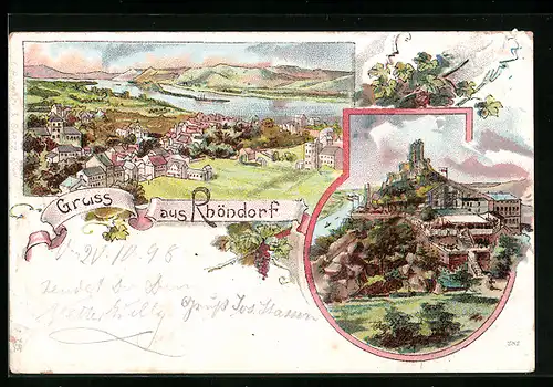 Lithographie Rhöndorf, Ortsansicht aus der Vogelschau, Burg