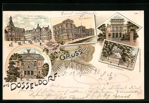 Lithographie Düsseldorf, Kunst-Akademie, Malkasten, Krieger-Denkmal