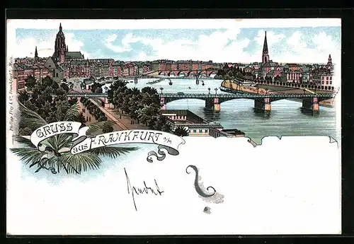 Lithographie Frankfurt a. M., Totalansicht mit Fluss