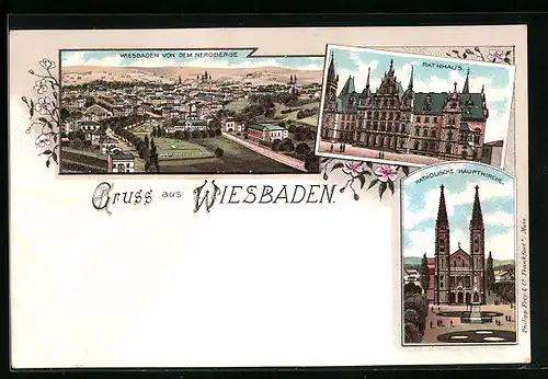 Lithographie Wiesbaden, Rathhaus, Katholische Hauptkirche