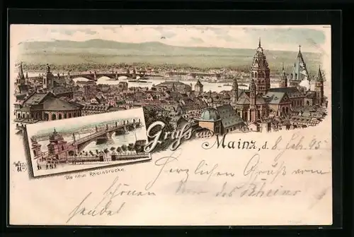 Lithographie Mainz, Ortsansicht mit Rheinbrücke