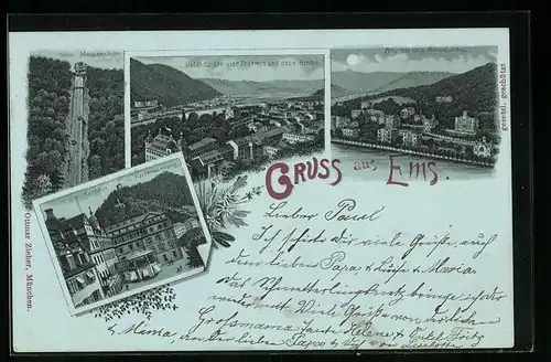 Lithographie Ems, Marktbergbath, Kurhaus u. Kaiserwohnung, Hotel zu den vier Thürmen