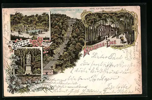 Lithographie Malberg-Ems, Schwanenweiher & Wasserfall, Hotel auf dem hohen Malberg