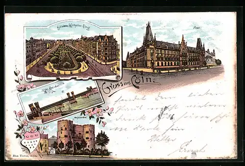 Lithographie Cöln, Kaiser Wilhelm-Ring, Feste Brücke, Hahnenthor