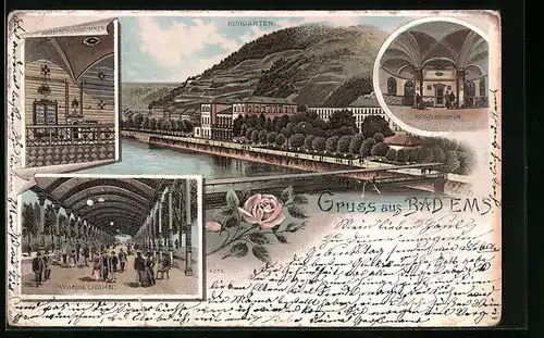 Lithographie Bad Ems, Kurgarten, Wandelbahn, Kesselbrunnen