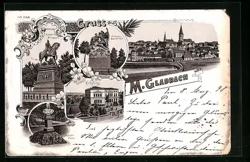 Lithographie M. Gladbach, Denkmal Kaiser-Wilhelm I., Gasthaus Erholung
