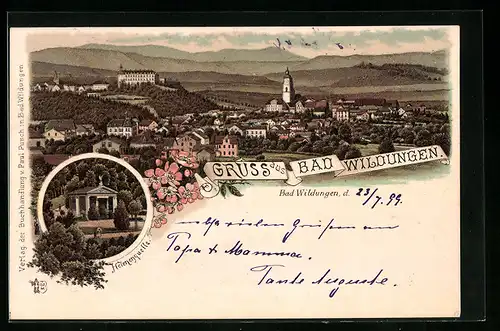 Lithographie Bad Wildungen, Ortsansicht mit Helenenquelle