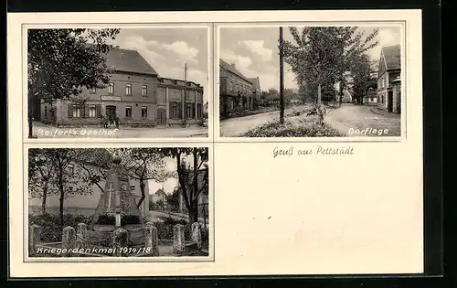 AK Pettstädt, Reiferts Gasthof, Dorfstrasse, Kriegerdenkmal