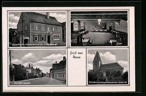 AK Nessa, Gasthof & Fleischerei Kurt Rossberg, Dorfstrasse, Kirche und Kriegerdenkmal