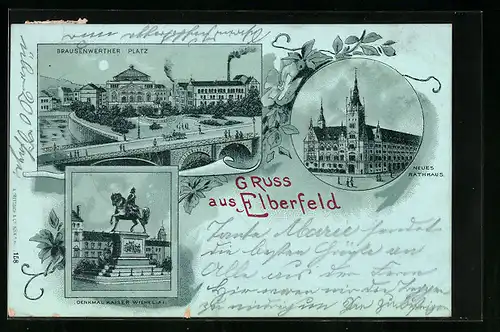 Mondschein-Lithographie Elberfeld, Brausenwerther Platz, Neues Rathhaus