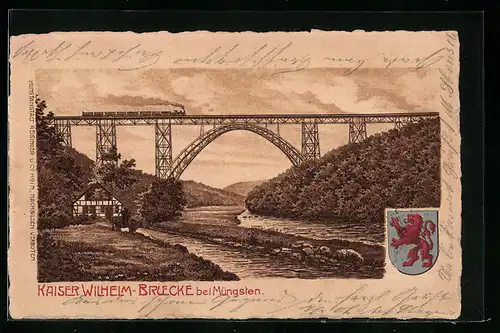 Lithographie Müngsten, Kaiser-Wilhelm-Brücke mit Haus am Wasser, Wappen