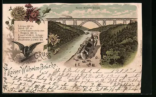 Lithographie Müngsten, Kaiser-Wilhelm-Brücke aus der Vogelschau, Rad mit Flügeln
