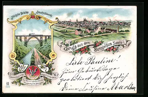 Lithographie Wupperthal bei Müngsten, Kaiser-Wilhelm-Brücke, Ortsansicht