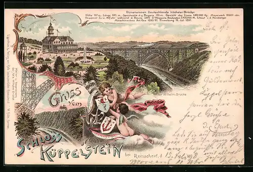 Lithographie Remscheid, Gasthaus Schloss Küppelstein, Deutschlands höchste Brücke
