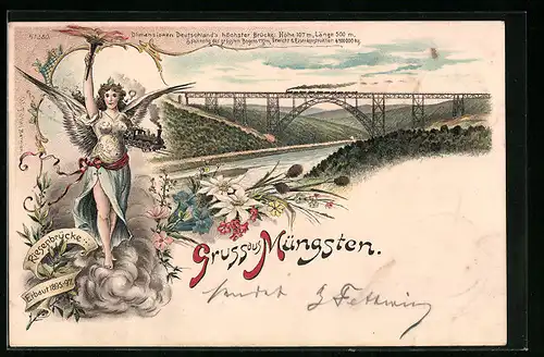 Lithographie Müngsten, Deutschlands höchste Brücke, Figur mit Fackel