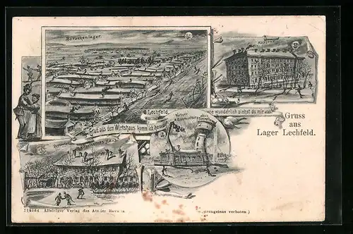 Künstler-AK Lager Lechfeld, Gesamtansicht aus der Vogelschau, Gasthaus Steinernes Haus aus der Sicht eines Betrunkenen