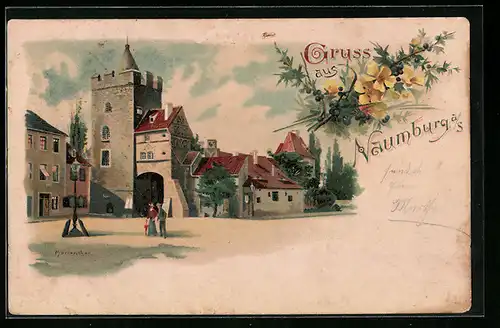 Lithographie Naumburg a. S., Ortspartie mit Turm