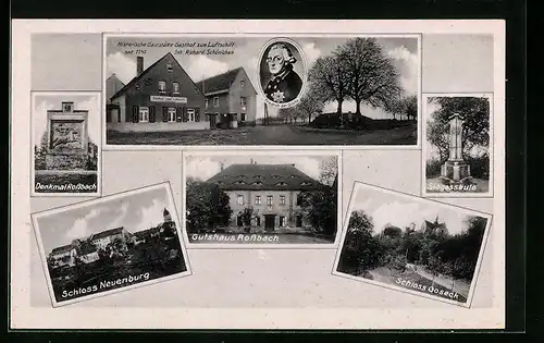 AK Rossbach, Schönichens Gasthof zum Luftschiff mit Portrait Friedrich II., Gutshaus Rossbach, Schloss Neuenburg