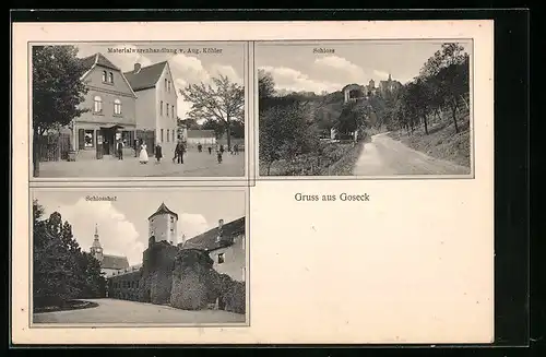 AK Goseck, Aug. Köhlers Materialwarenhandlung, Schloss und Schlosshof
