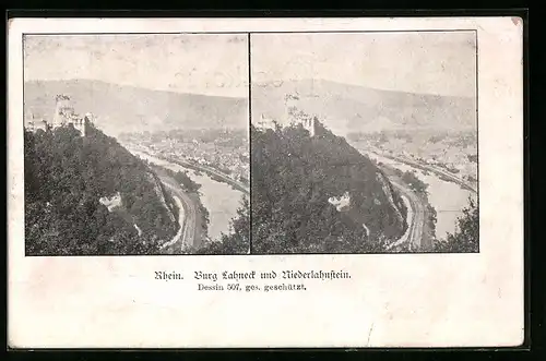 Stereo-AK Niederlahnstein, Burg Lahneck und Ortsansicht