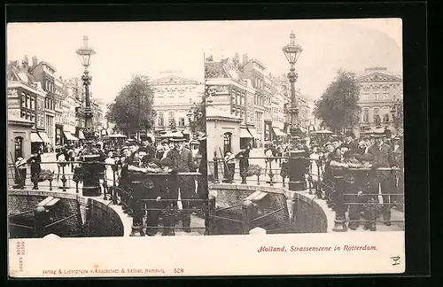 Stereo-AK Rotterdam, Strassenszene an einer Brücke