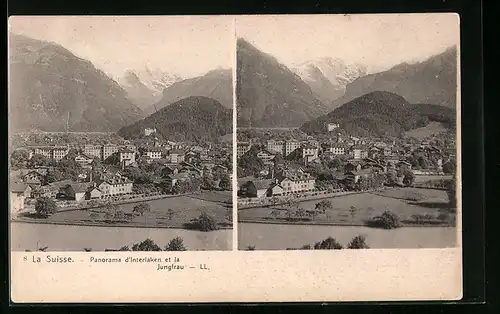 Stereo-AK Interlaken, Panorama der Stadt mit Jungfrau